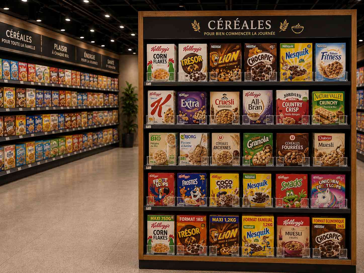 Gondole de céréales en allée d'épicerie — Systèmes de poussoirs à tablettes pour céréales et gruau | Concept P.O.S. Gondole de céréales dont chaque rangée est ramenée en façade automatique par des poussoirs à tablettes