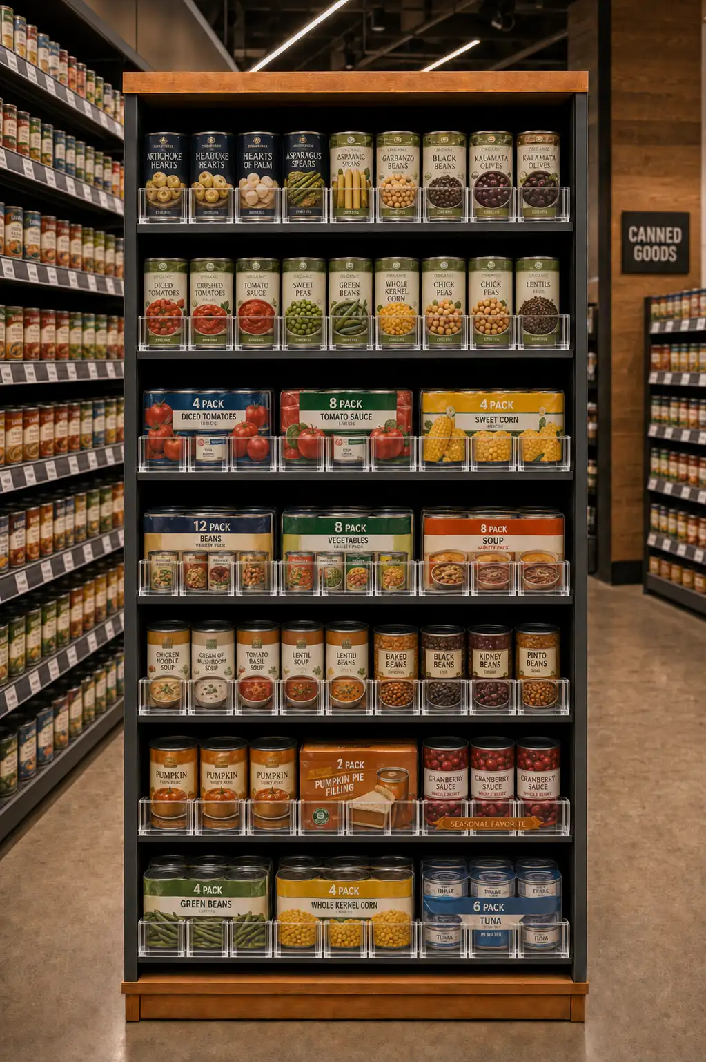 Gondole de conserves alignées par poussoirs à tablettes dans une allée d'épicerie