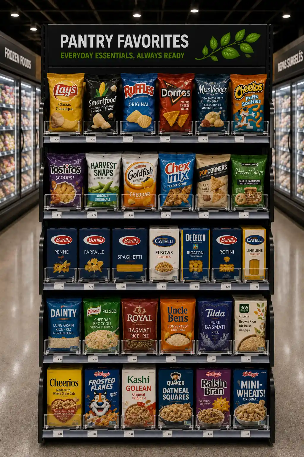 Gondole d'épicerie où des poussoirs à tablettes alignent boîtes et sacs d'aliments secs