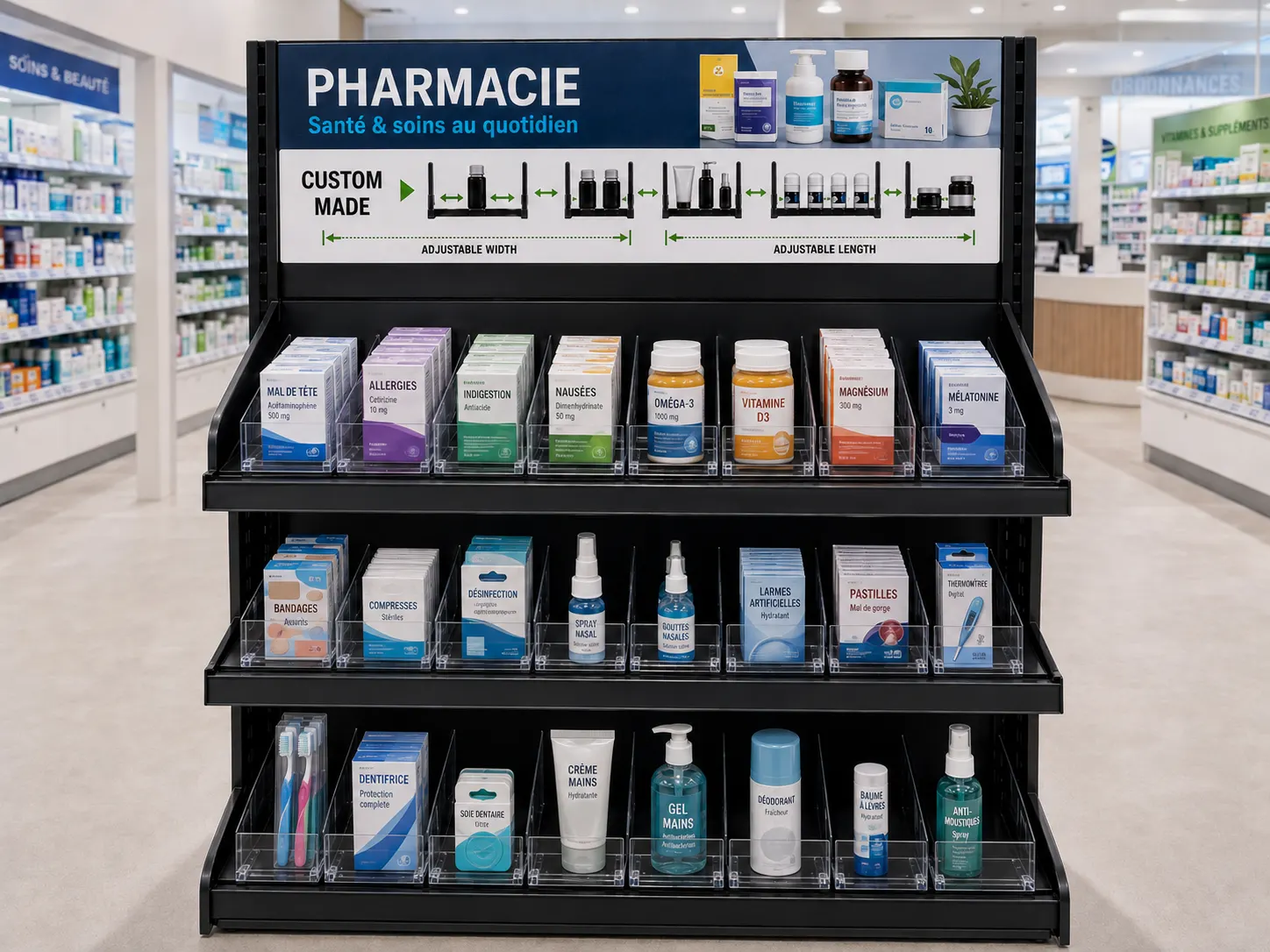 Présentoir de pharmacie à tablettes inclinées, soins du quotidien maintenus en façade automatique