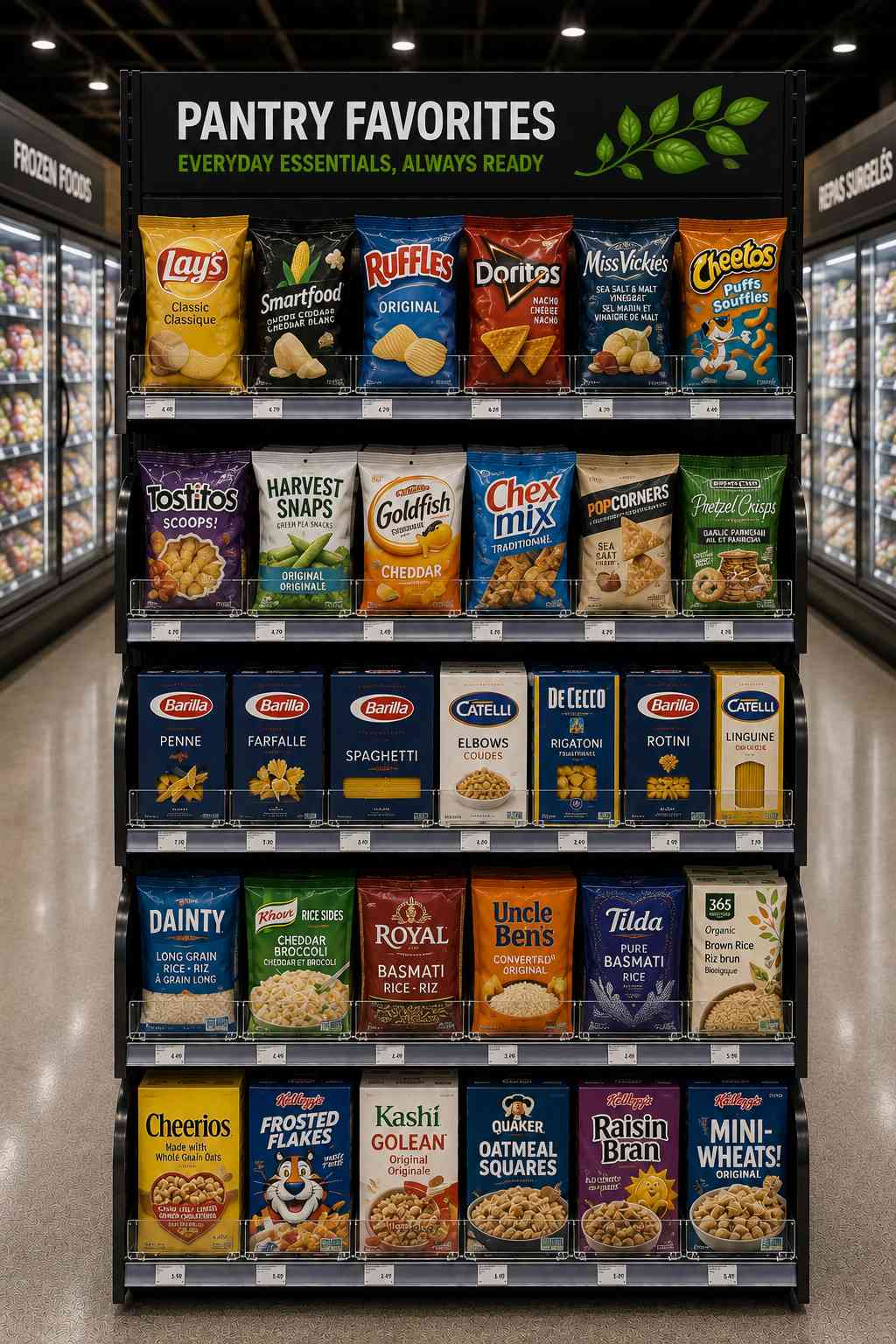 Présentoir d'épicerie regroupant pâtes, conserves et céréales, chaque colonne tenue par un poussoir