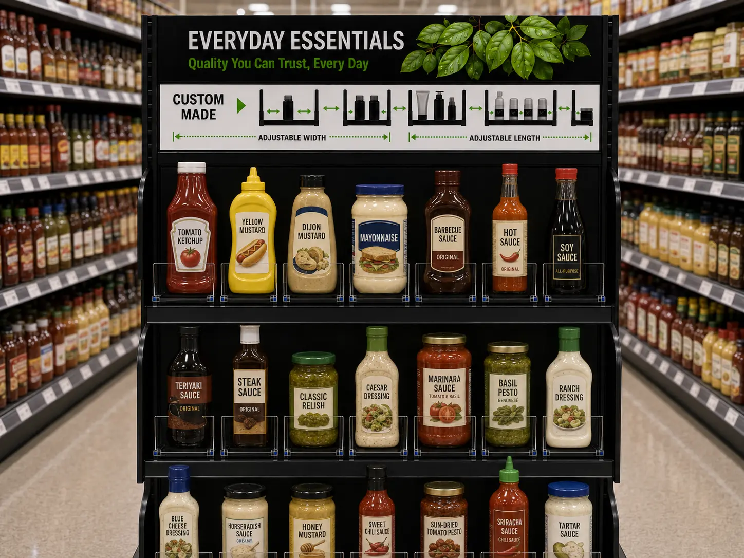 Bouteilles de sauces et de condiments sur trois tablettes, avec schéma de largeur ajustable en tête
