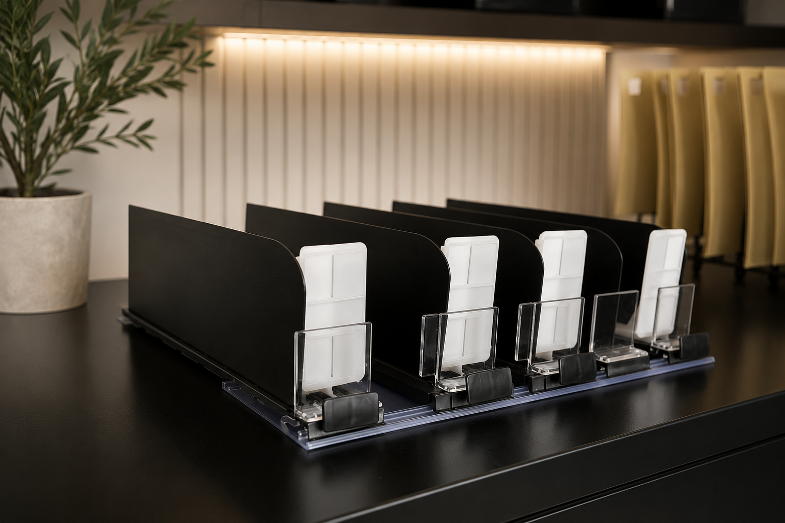 Complete Robusta assembly in pull-tab configuration: clear bases, black dividers, white pusher paddles and transparent front stops