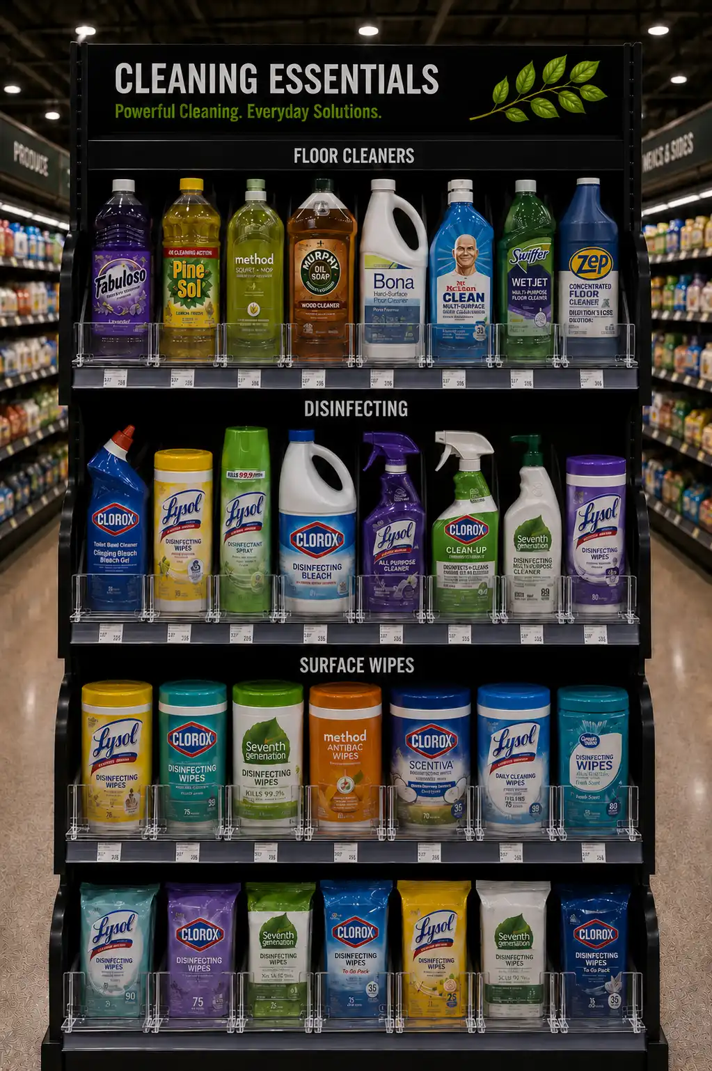 Narrow gondola of household cleaning products with four shelves kept faced by shelf pushers