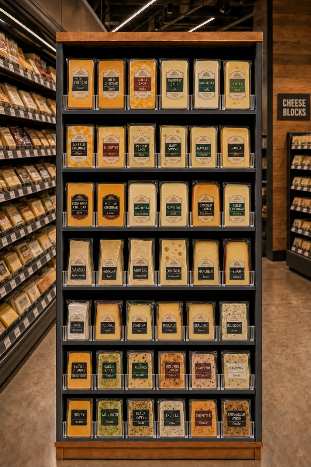 Gondole de fromages emballés en rangées serrées, chaque paquet ramené en façade automatique