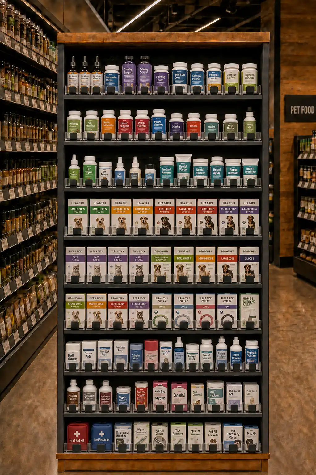 Rayon d'animalerie de produits de soins, flacons alignés en rangs serrés par les poussoirs