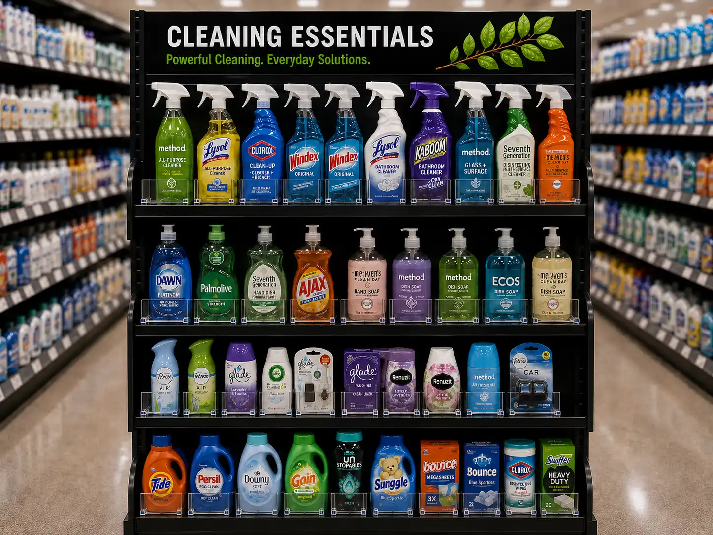 Household cleaning aisle seen head-on, spray bottles pushed forward on every shelf