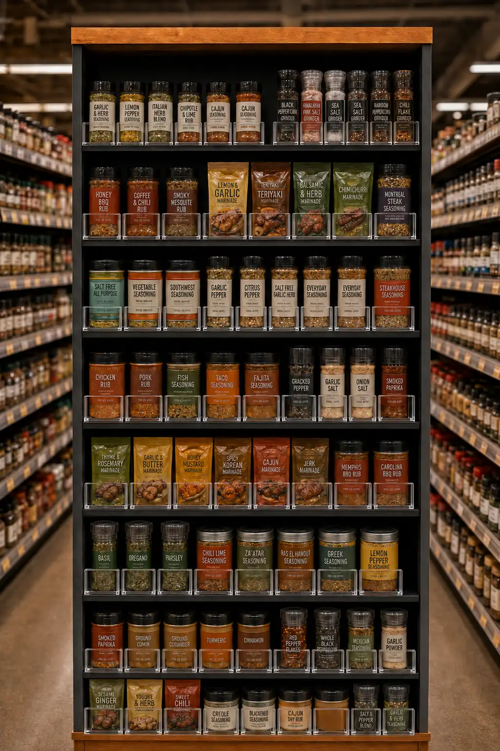 Tall spice display where every jar is pushed back to the shelf front automatically