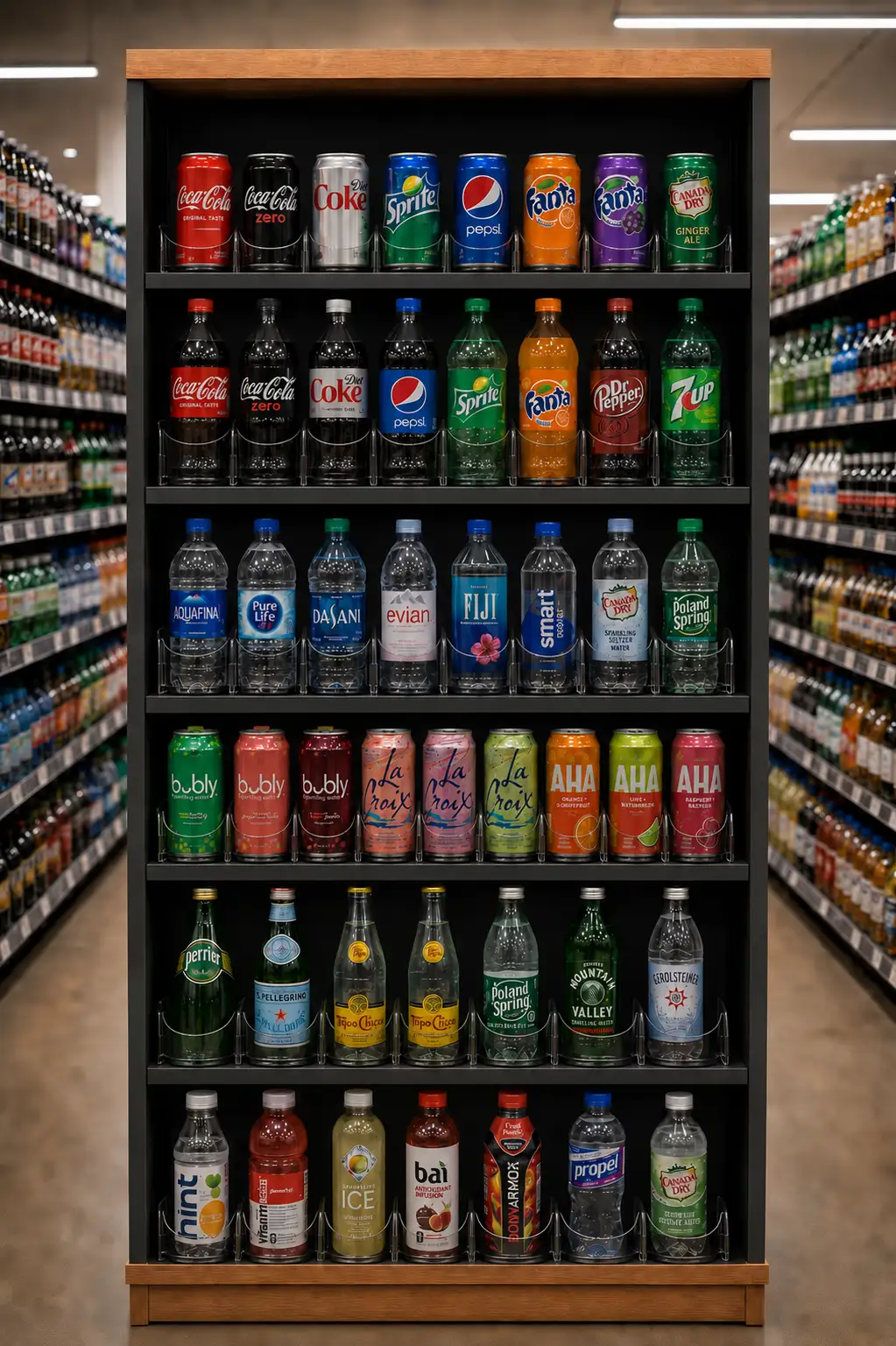 Beverage gondola where cans and bottles stay front-faced on spring-loaded shelf pushers