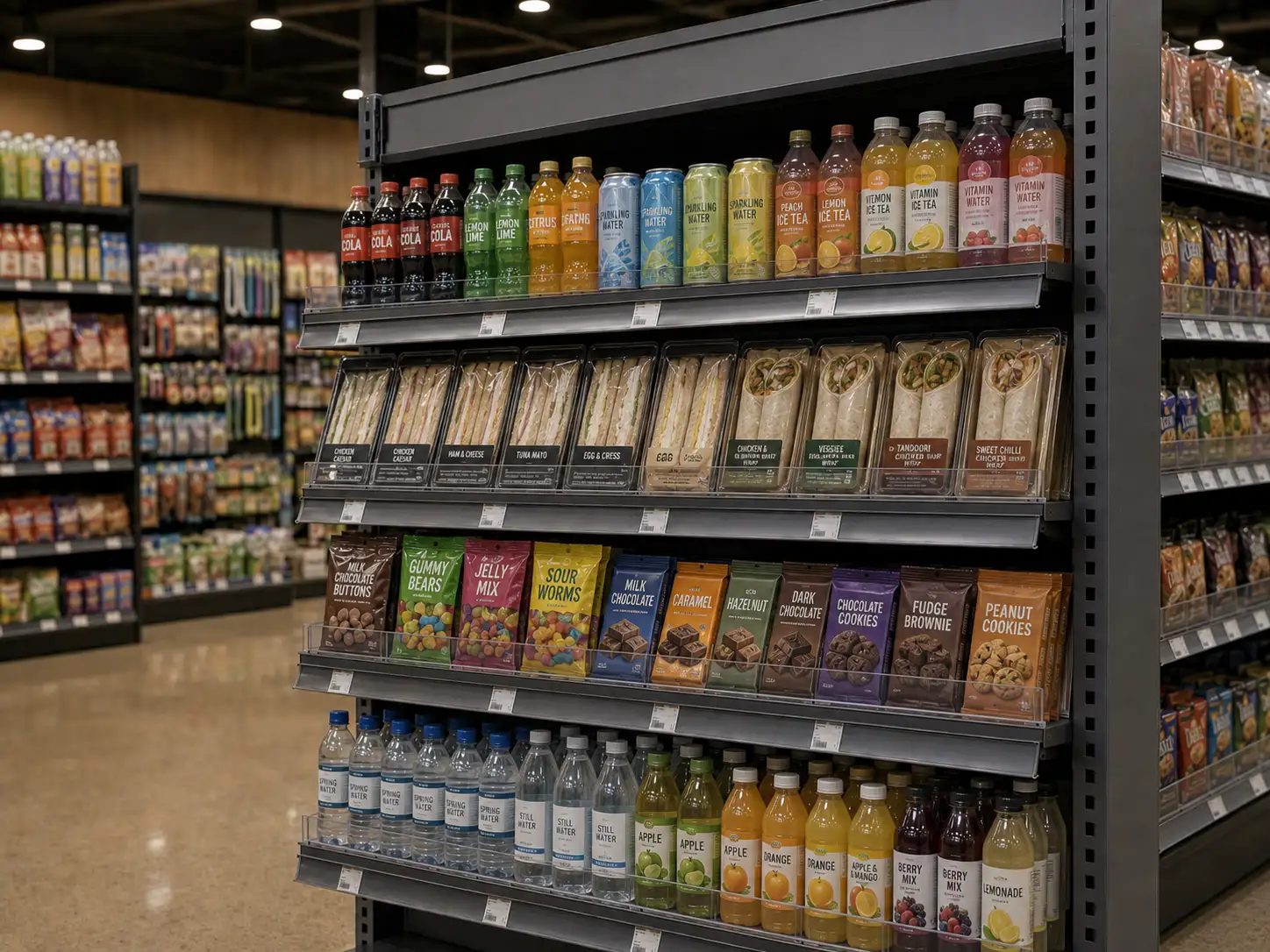 Vue en enfilade d'un rayon de micro-marché où poussoirs et séparateurs alignent boissons et collations