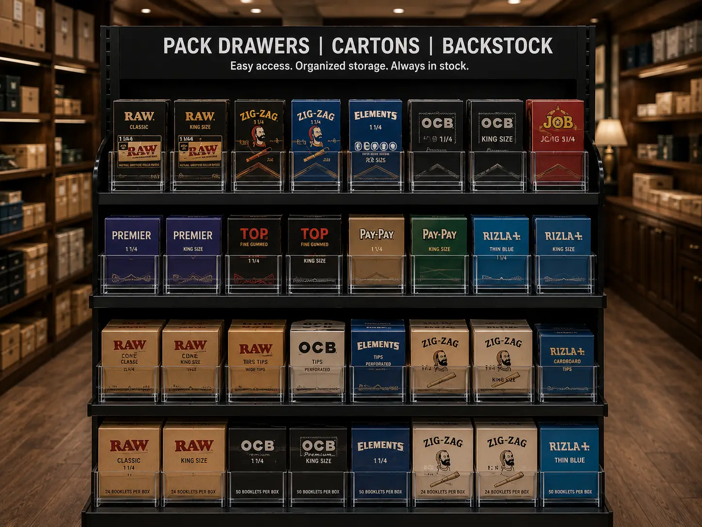 Présentoir à paliers pour cigarettes et tabac, paquets alignés en façade automatique sur chaque tablette