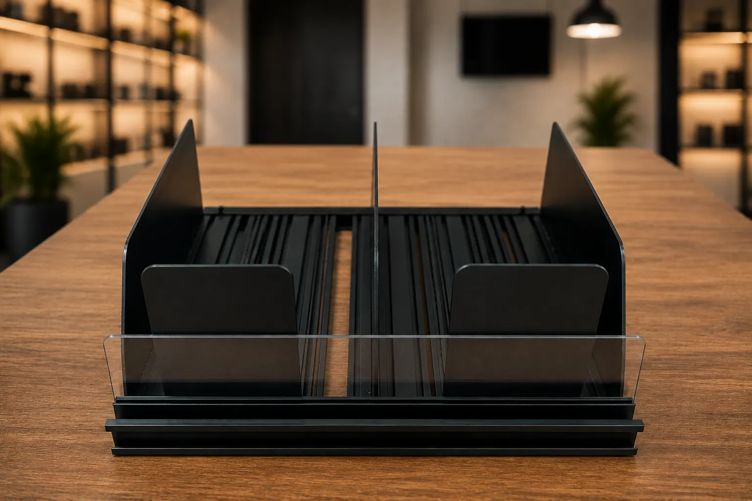 All-black Blizzard assembly seen head on atop a wooden counter: tracks, dividers, support plates and a transparent front retainer