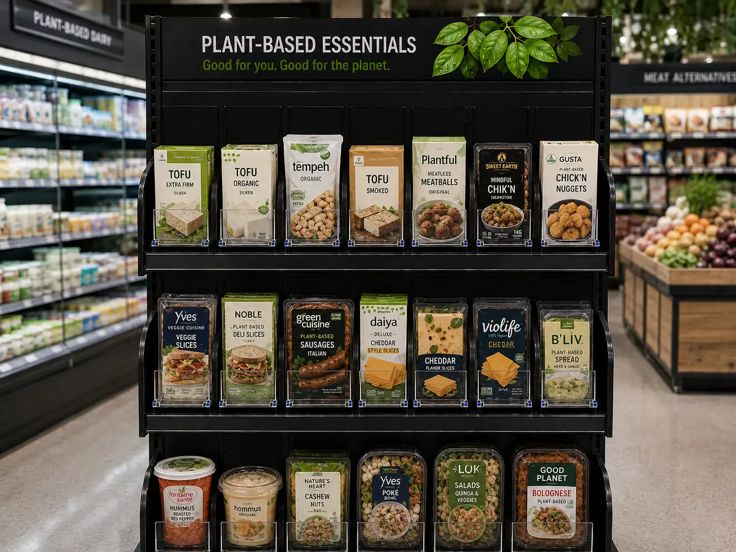 Gondole de produits végétaux équipée de poussoirs à tablettes, tofu et tempeh alignés en façade automatique