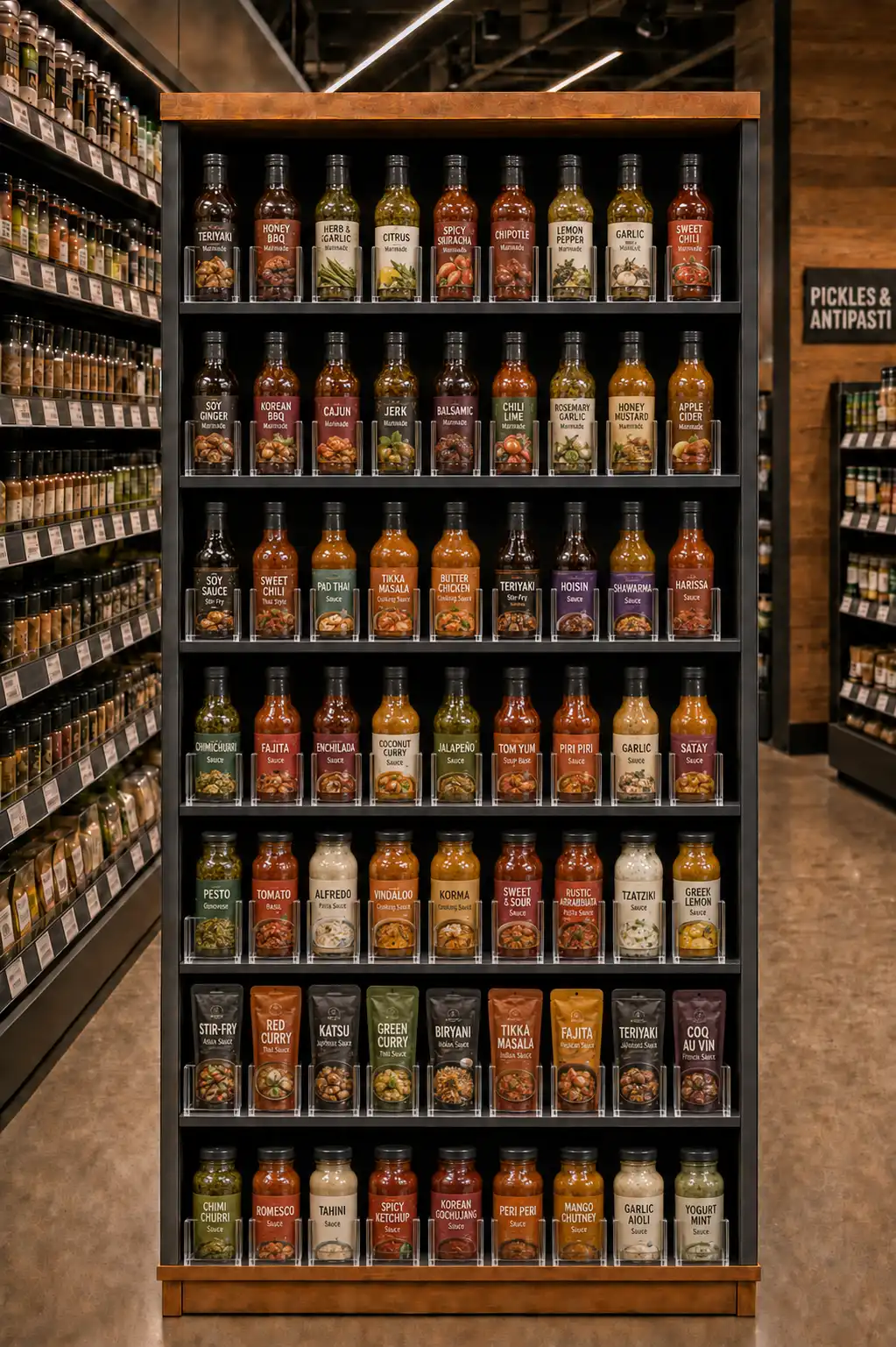 Haute colonne de bouteilles de sauces où chaque rangée reste alignée jusqu'au bord de la tablette