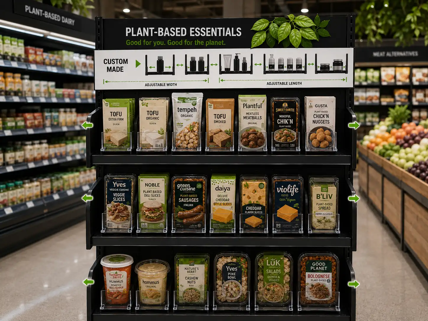 Présentoir de produits végétaux sur mesure : poussoirs à tablettes et moulures d'affichage de prix