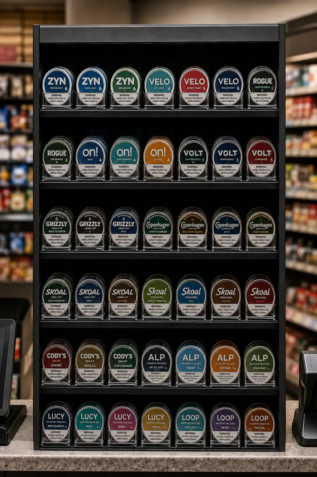 Gondole de cigarettes et tabac vue de face : contenants ronds maintenus en rangées serrées par poussoirs