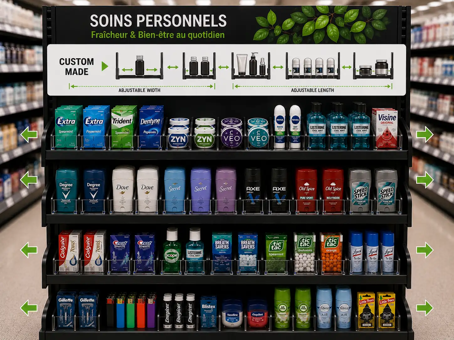 Adjustable pusher for personal care — Personal Care Shelf Management Systems | Concept P.O.S. Adjustable-width shelf pusher diagram on a personal care display in store