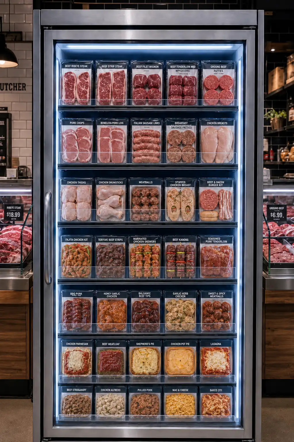 Refrigerated butcher shop case — Shelf Management Systems for Butcher Shops | Concept P.O.S. Meat trays in a refrigerated butcher shop door case, rows held at the shelf front