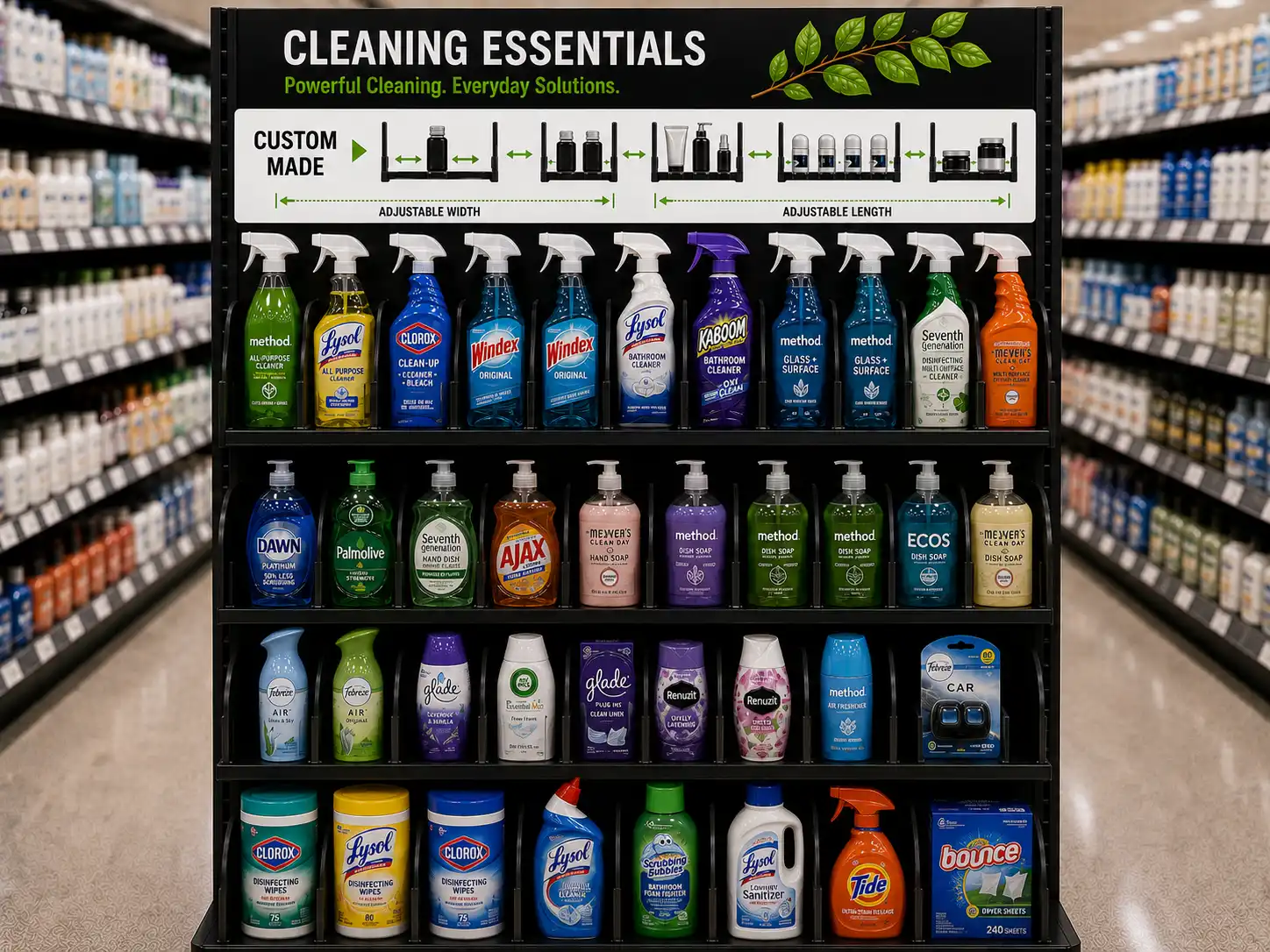Custom-built household cleaning display topped by a header showing shelf pusher widths
