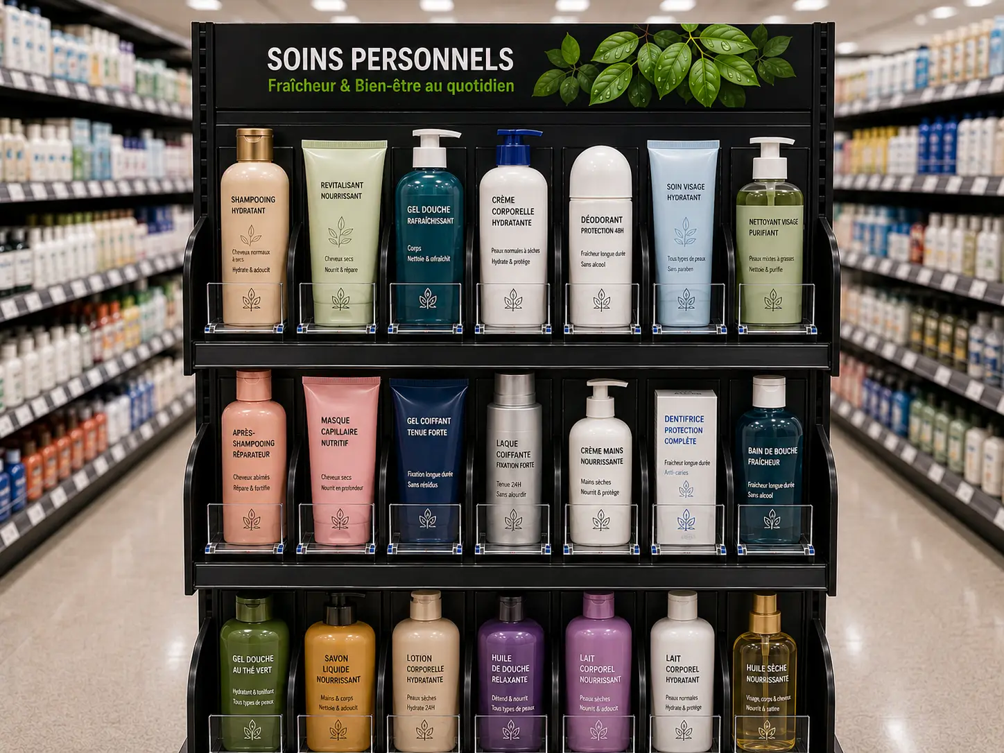 Shampoo bottles on store shelf — Personal Care Shelf Management Systems | Concept P.O.S. Tall shampoo bottles held at the shelf front in a personal care aisle display