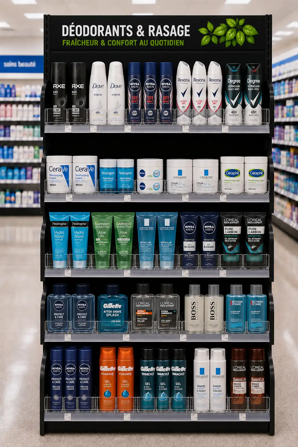 Présentoir de déodorants et articles de rasage d'un micro-marché, chaque colonne tenue par un poussoir