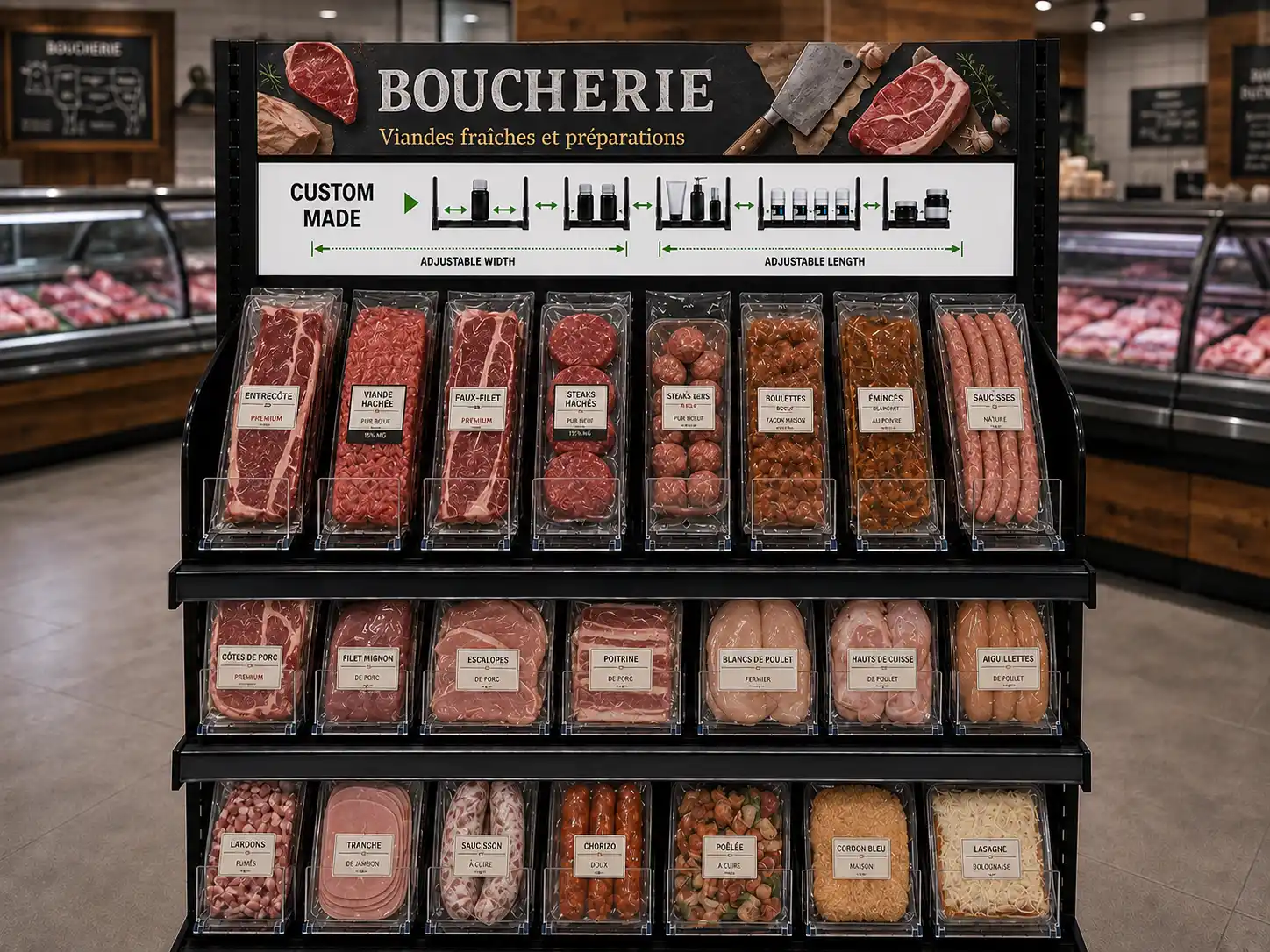 Custom pusher for butcher shop — Shelf Management Systems for Butcher Shops | Concept P.O.S. Custom-made adjustable pusher diagram on a butcher shop meat tray display