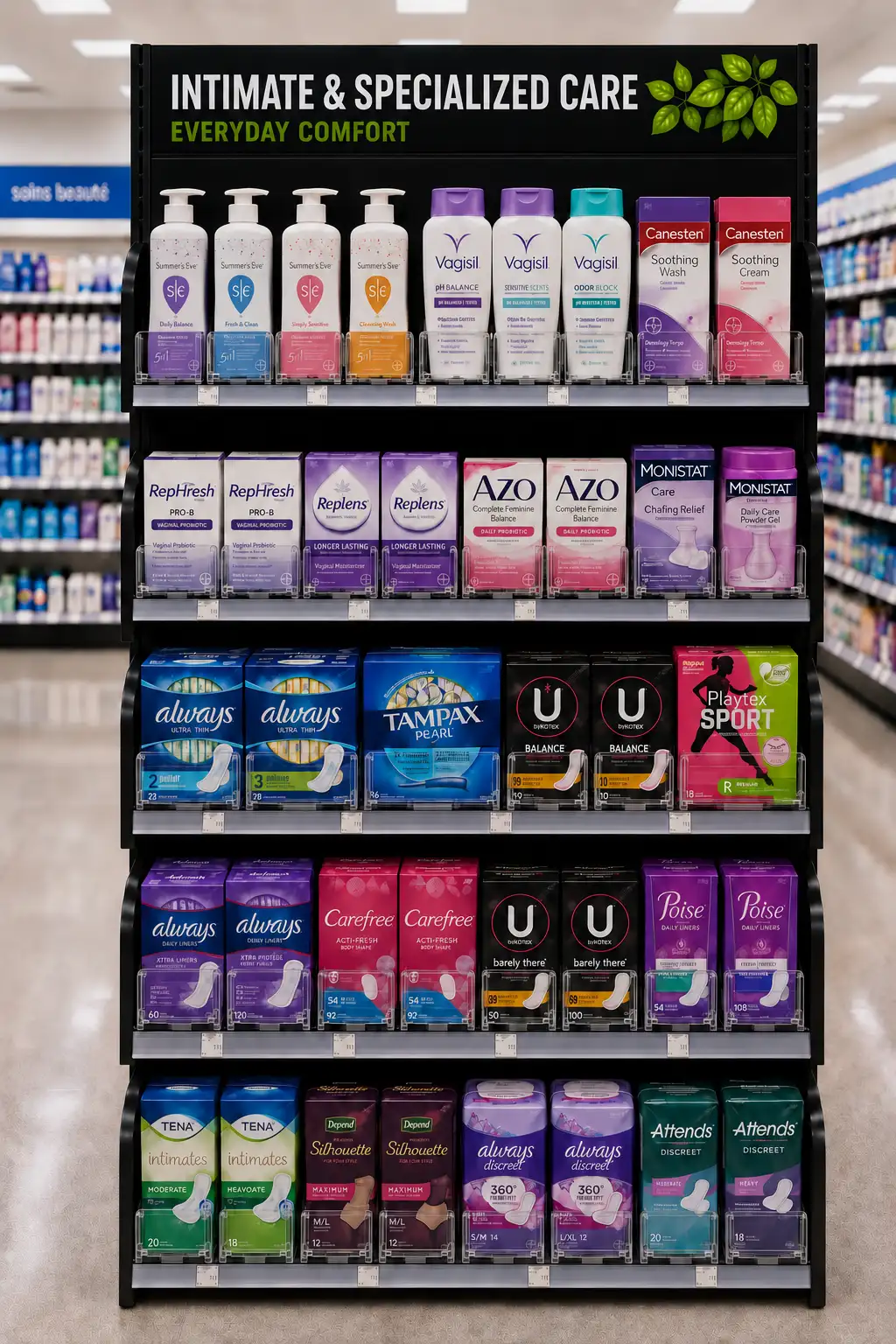 Intimate personal care display — Personal Care Shelf Management Systems | Concept P.O.S. Intimate personal care display with boxes kept in line by shelf dividers