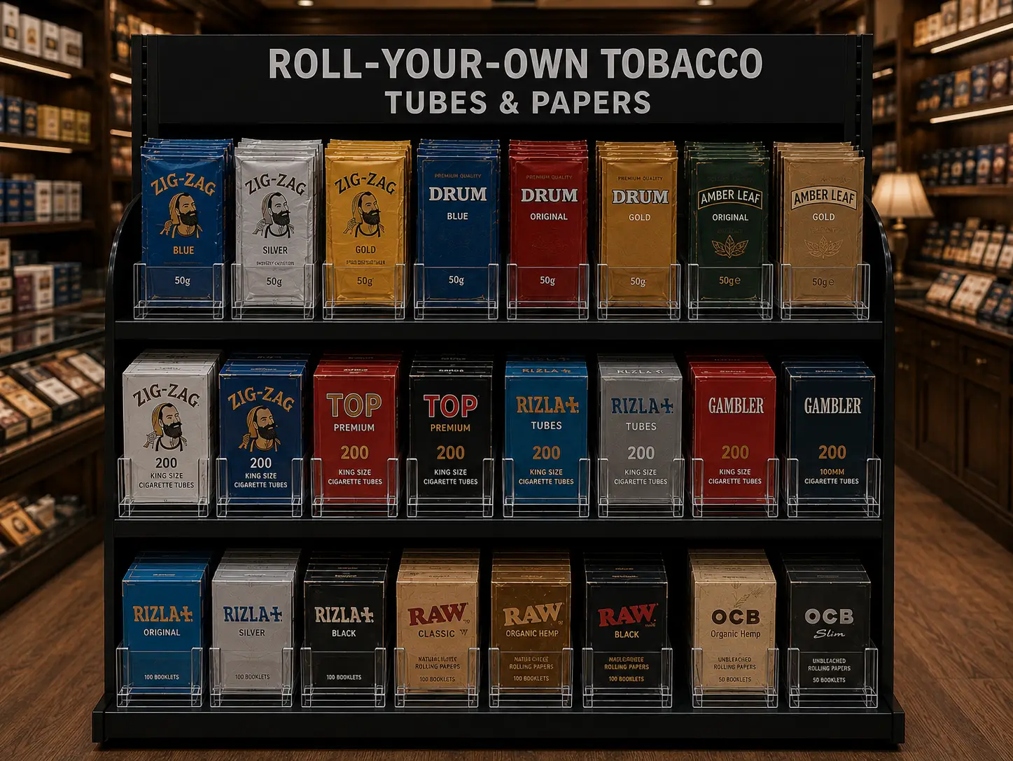 Section de tabac à rouler et de papiers à cigarettes, boîtes présentées sur tablettes inclinées