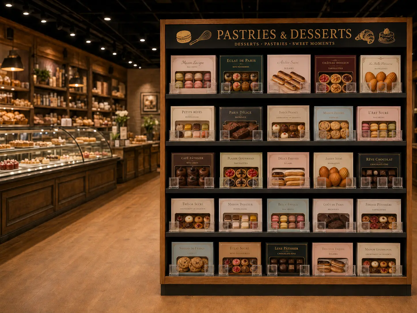 Gondole de pâtisseries et desserts — Systèmes de poussoirs à tablettes pour desserts | Concept P.O.S. Gondole de desserts en bois, près du comptoir de pâtisserie, avec boîtes rangées case par case