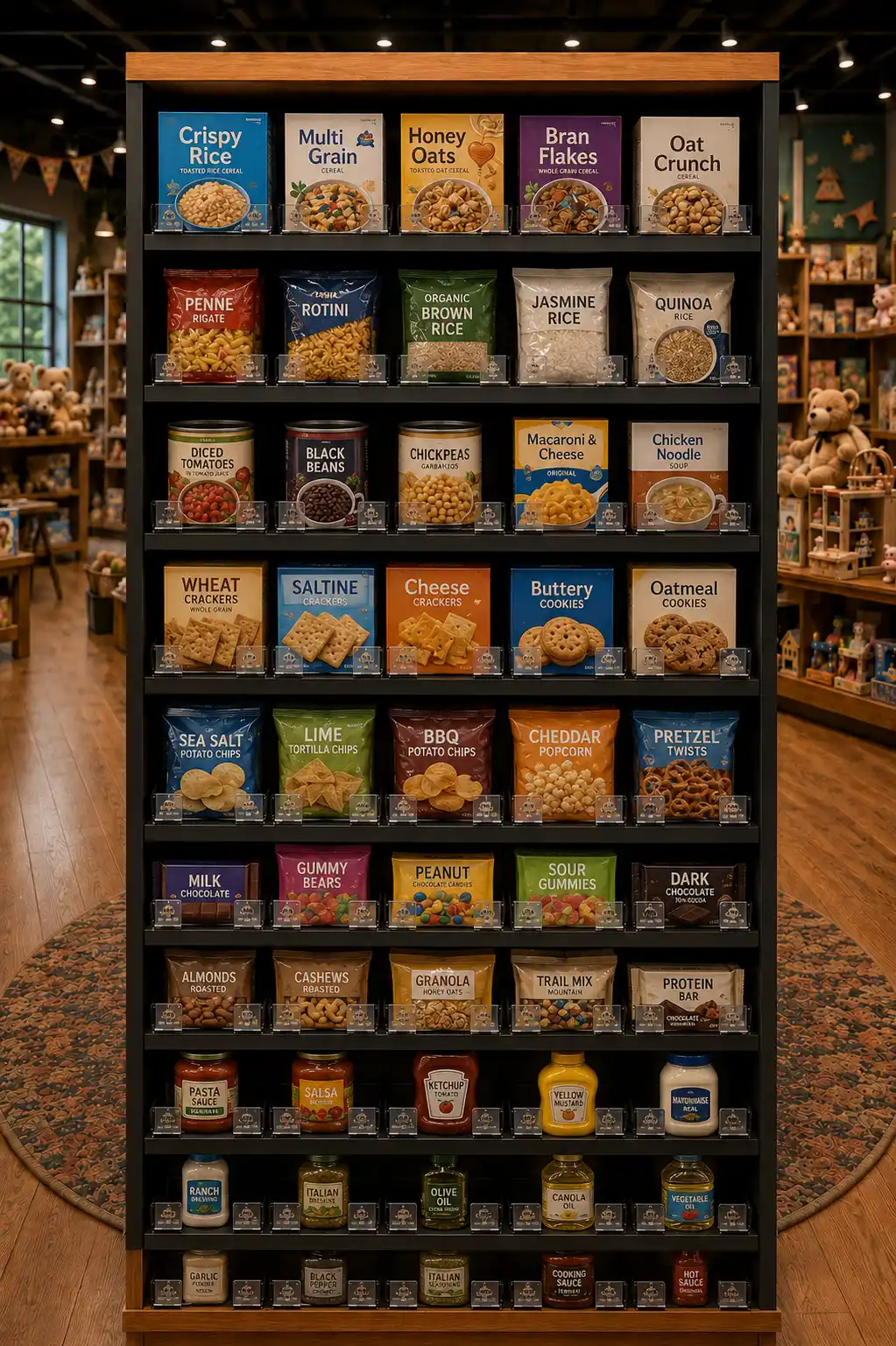 Gondole de supermarché remplie de boîtes et de conserves, chaque colonne bien séparée