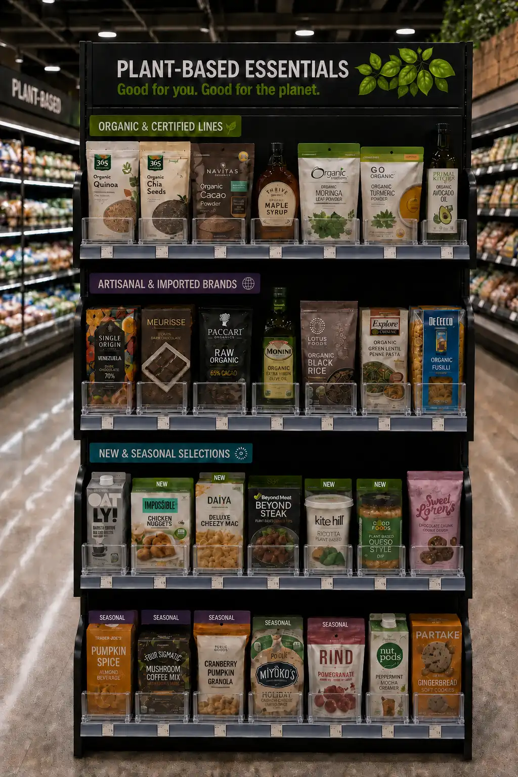 Section végétale étroite vue de face, rangées de tofu et de protéines végétales gardées bien alignées