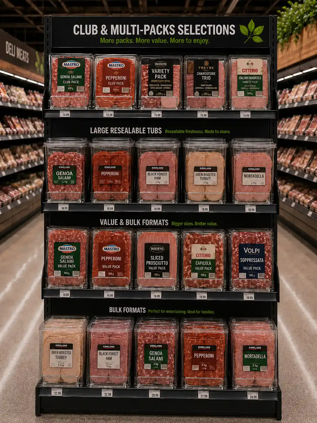 Tablettes de charcuterie format familial — Systèmes de poussoirs à tablettes pour charcuterie | Concept P.O.S. Tablettes de charcuterie en formats familiaux organisées par séparateurs et poussoirs