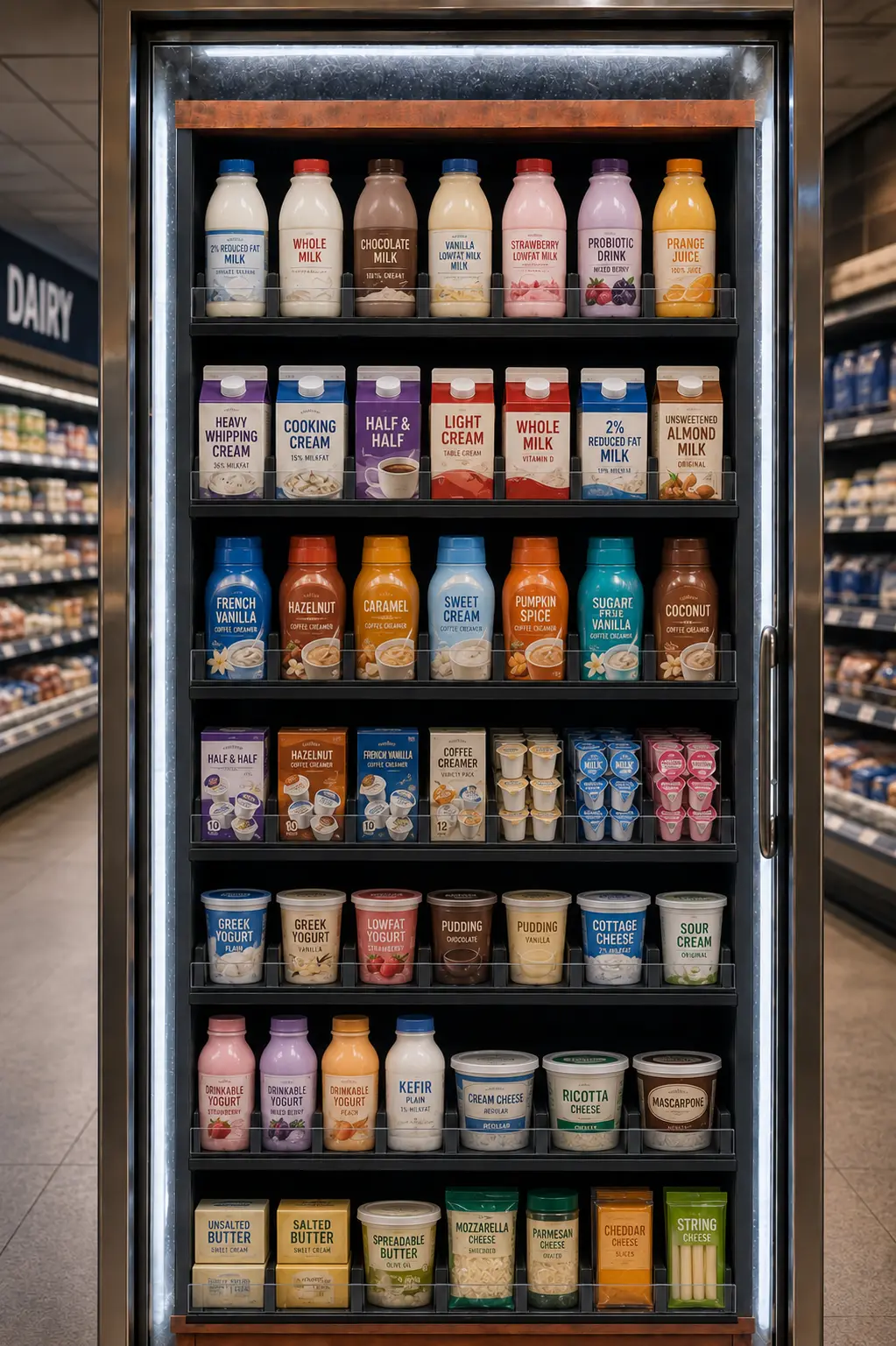 Porte vitrée réfrigérée d'épicerie où les bouteilles de lait restent alignées en façade automatique