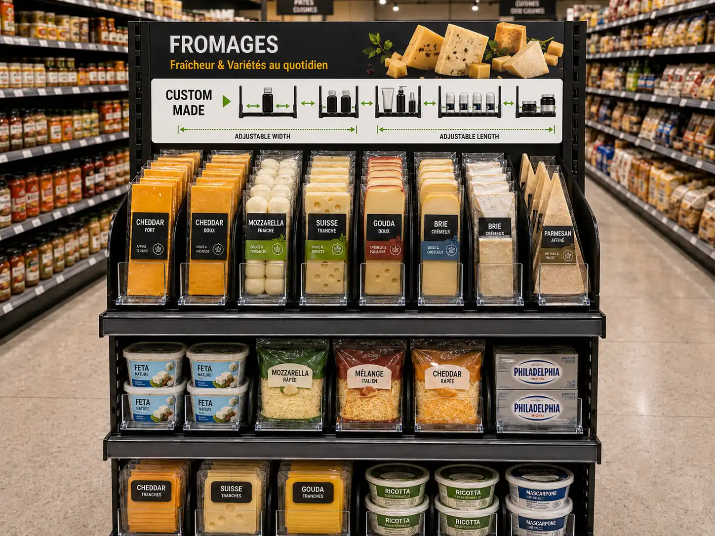 Présentoir de fromages sur mesure : tranches emballées en haut, contenants de fromage frais en bas