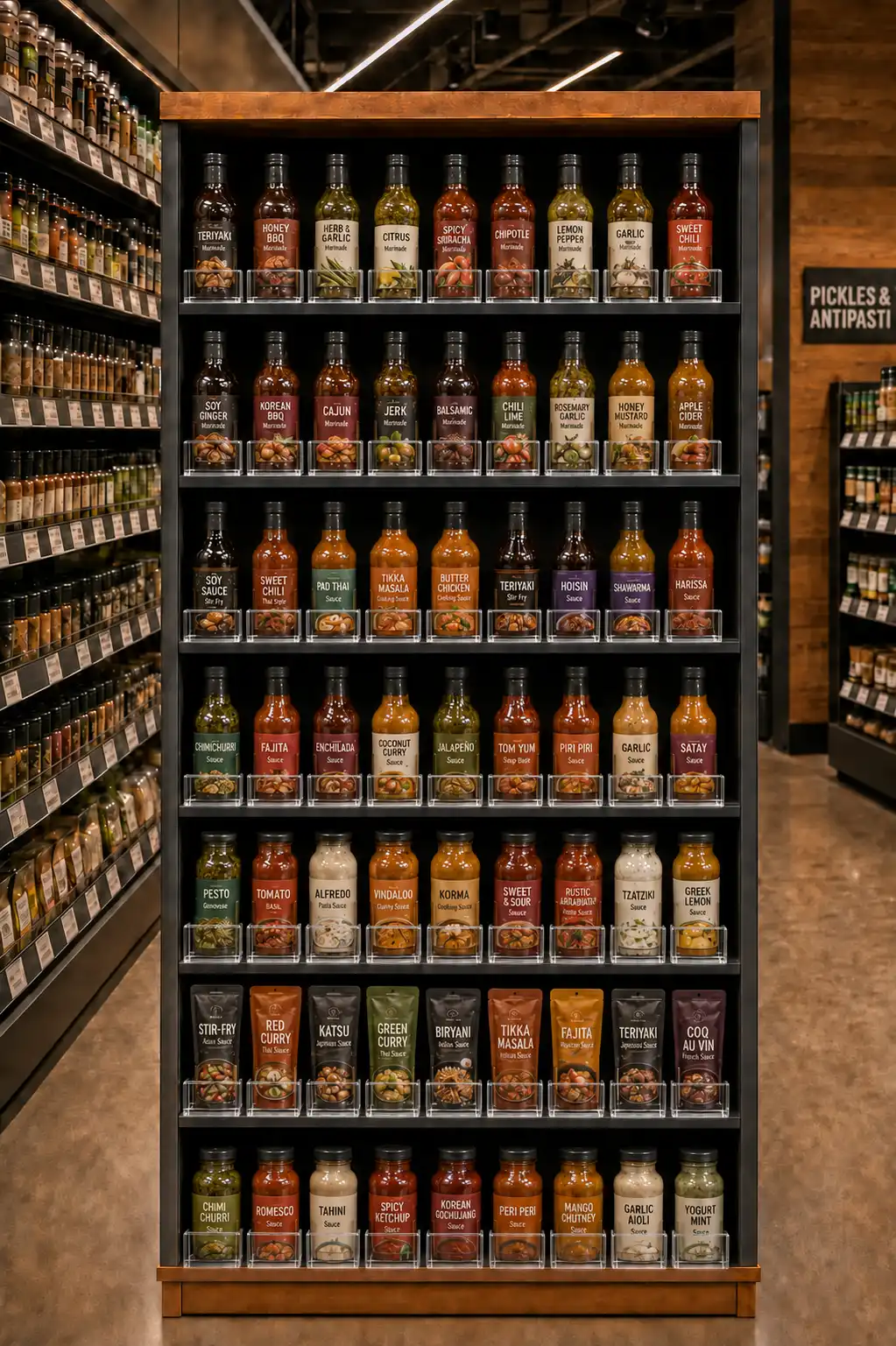 Rayon de sauces vu en angle: les bouteilles des tablettes hautes restent bien alignées vers l'avant