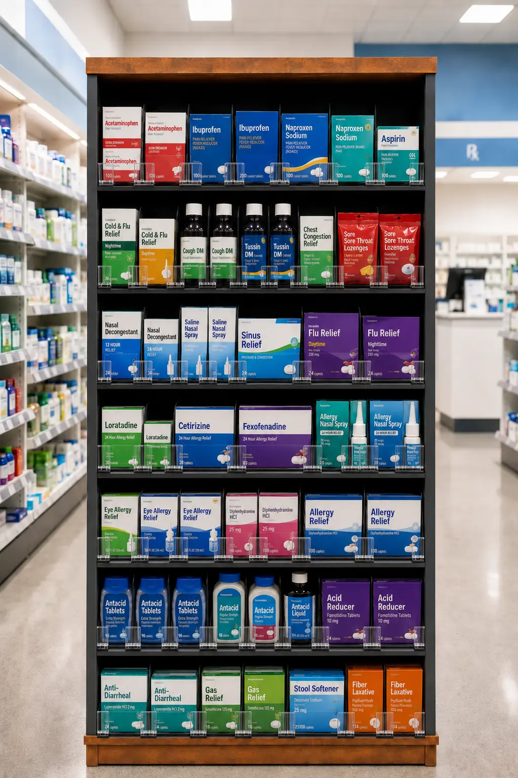 Gondole de pharmacie garnie de boîtes de soins, chaque rangée alignée au bord de la tablette