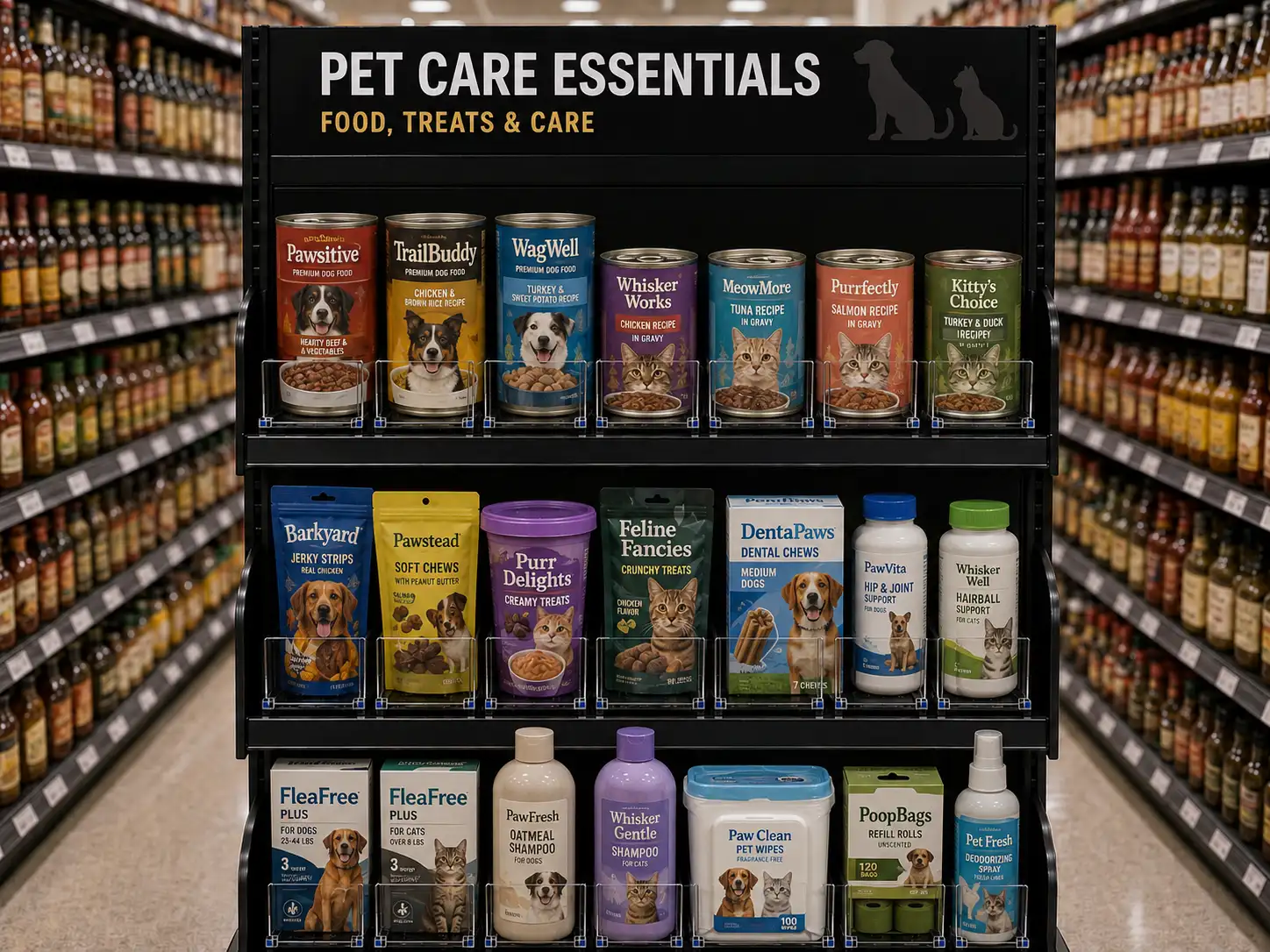 Présentoir d'animalerie : conserves pour chiens et chats en haut, soins en flacons plus bas