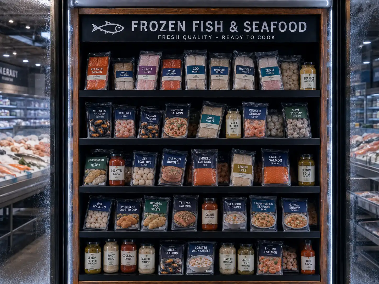 Présentoir de poisson surgelé — Gestion de tablettes pour poissonneries | Concept P.O.S. Présentoir de poisson et de fruits de mer surgelés, barquettes alignées par des poussoirs à tablettes