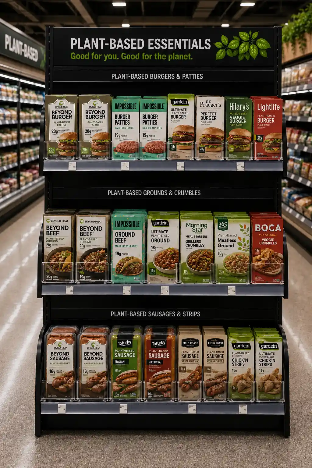 Rayon d'aliments végétaux où les moulures d'affichage de prix soulignent chaque tablette de produits