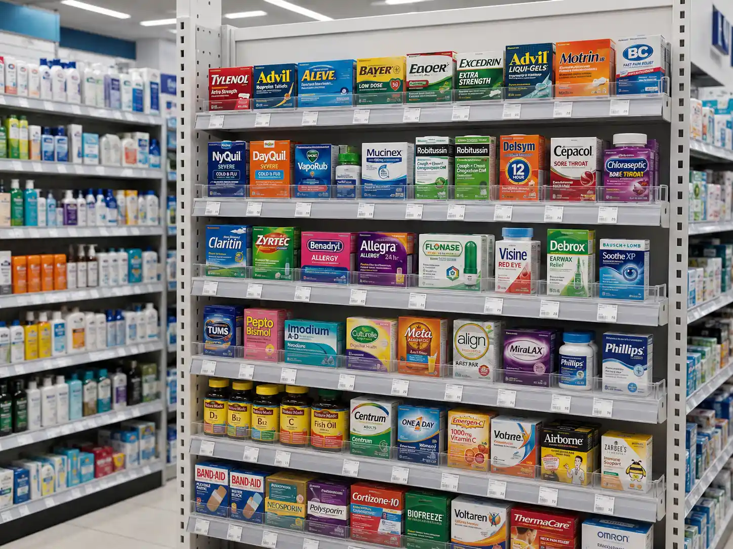 Allée de pharmacie où les boîtes de médicaments en vente libre restent alignées sur les tablettes