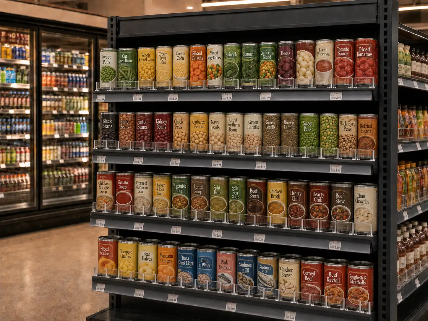 Vue en angle d'un long rayon de conserves organisé par poussoirs et séparateurs