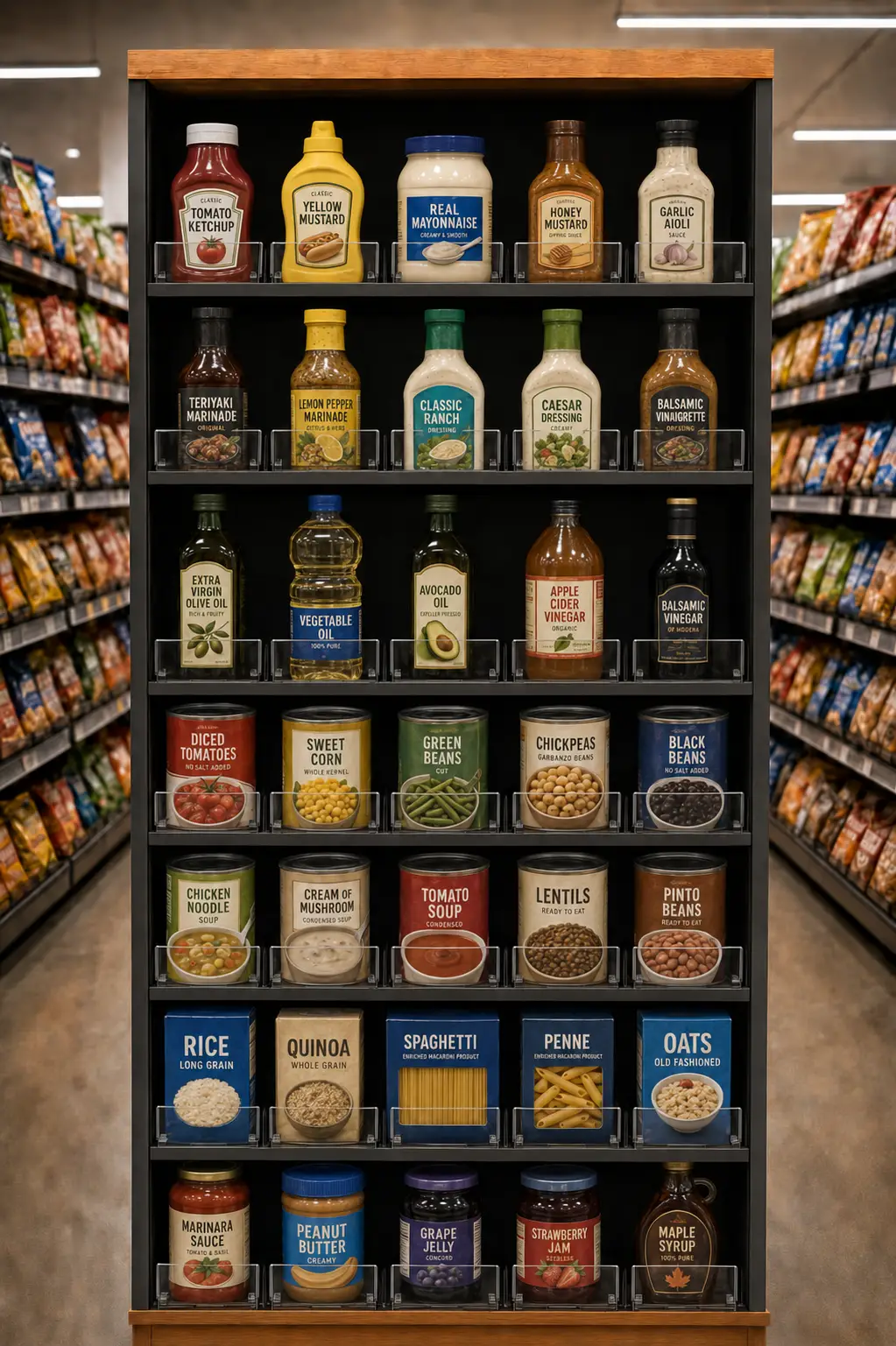 Section d'épicerie où les bouteilles d'huile sont séparées et les conserves ramenées vers l'avant