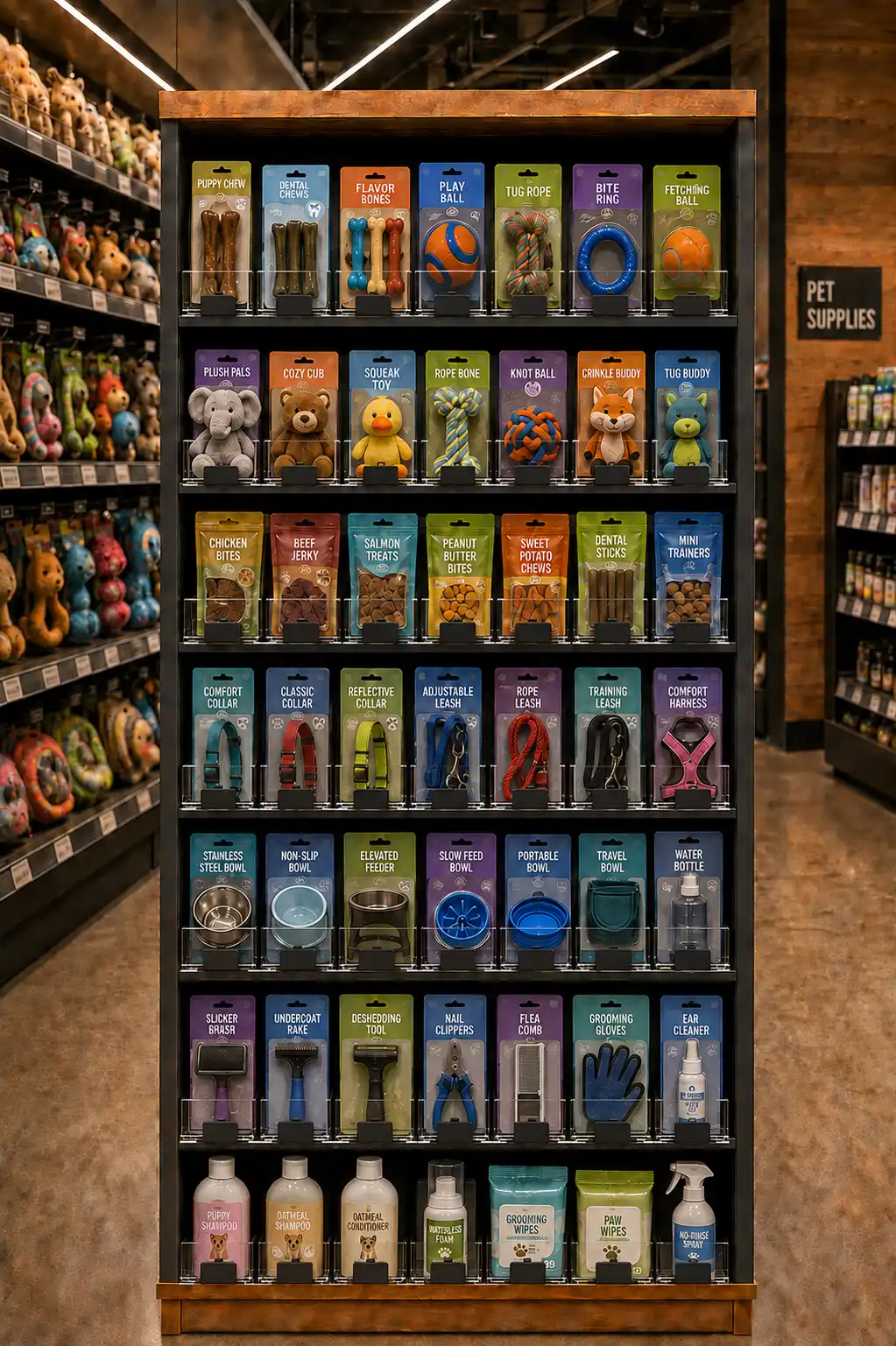 Tablettes d'animalerie remplies de sachets colorés, façade automatique sur toute la hauteur