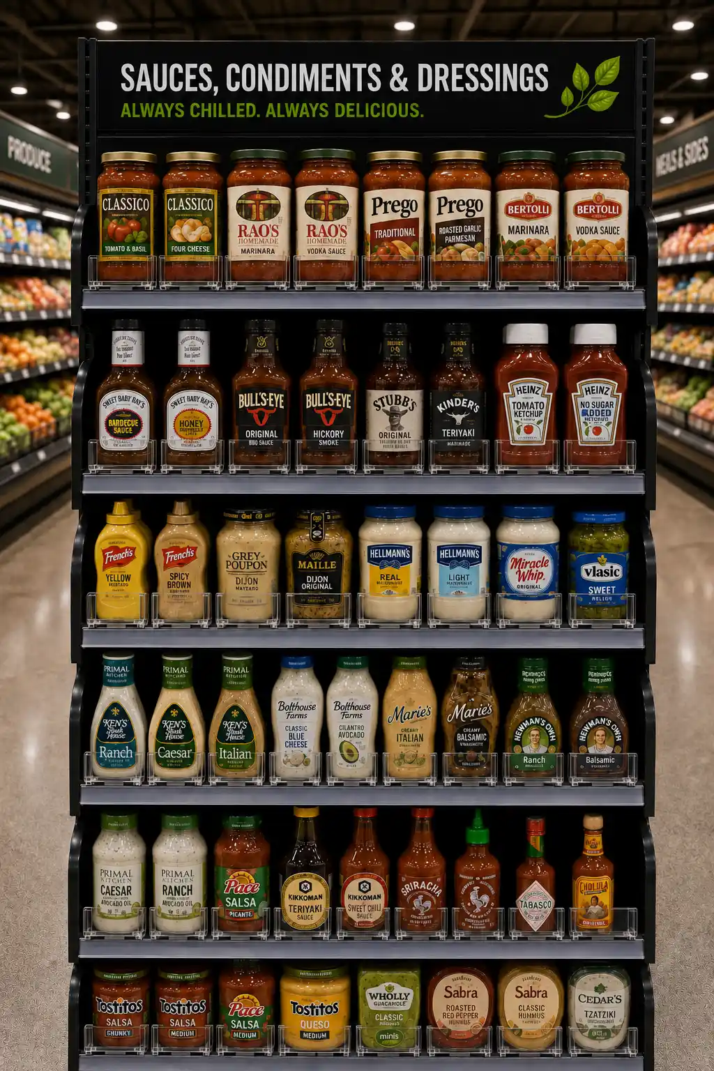 Section sauces et condiments d'épicerie : bouteilles gardées en façade automatique sur poussoirs