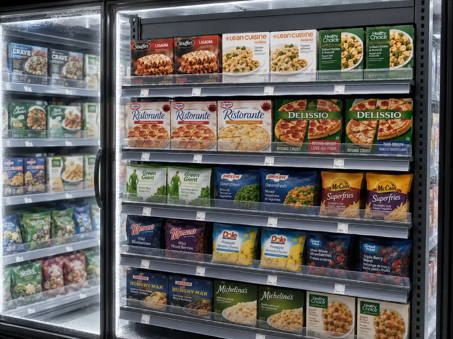 Frozen meal boxes held in perfect facing on the shelves of a glass-door freezer case
