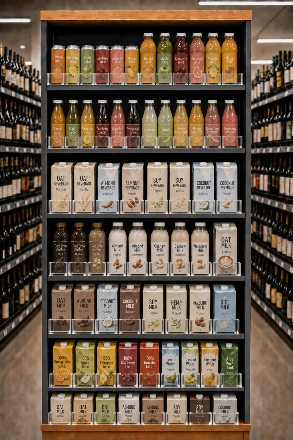 Bottled beverages lined up row by row on shelf pushers across every level of the display