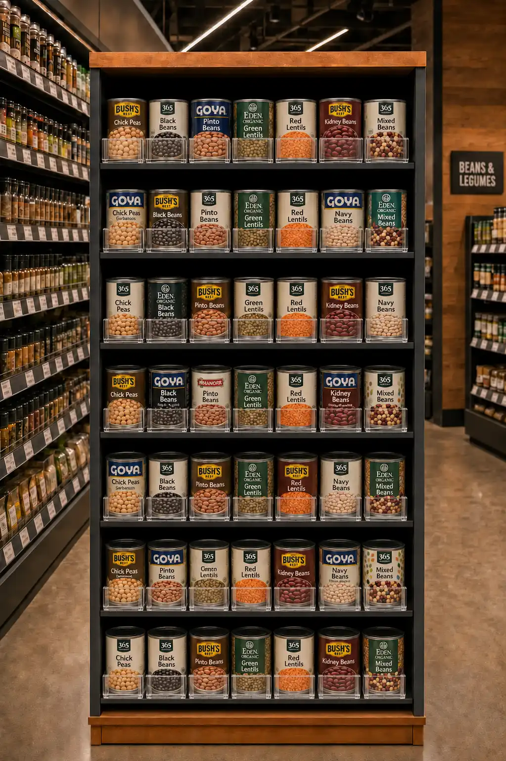 Présentoir de conserves vu de biais, rangées serrées maintenues par poussoirs à tablettes
