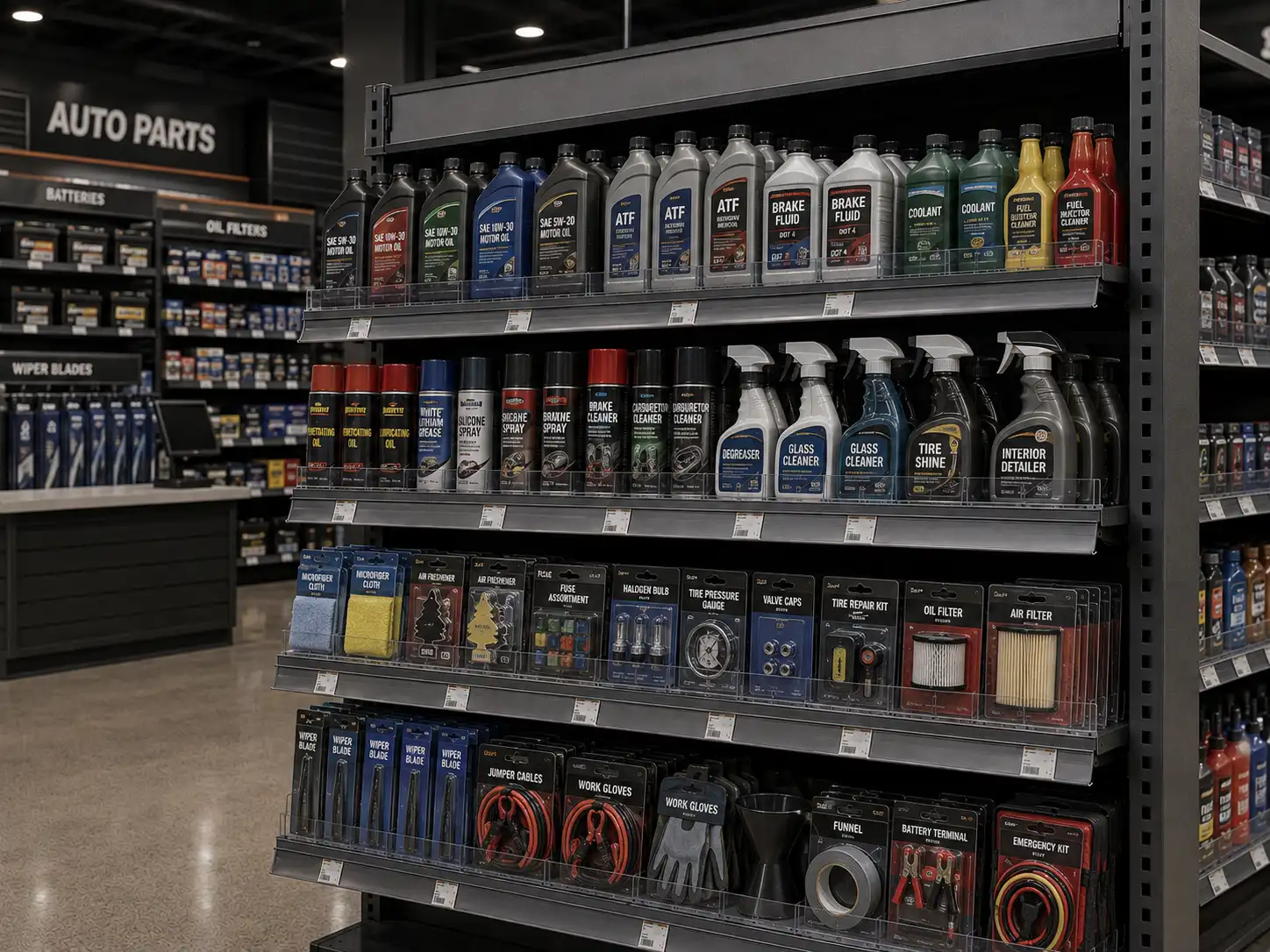 Angled view of an auto parts aisle with price display mouldings along every shelf edge