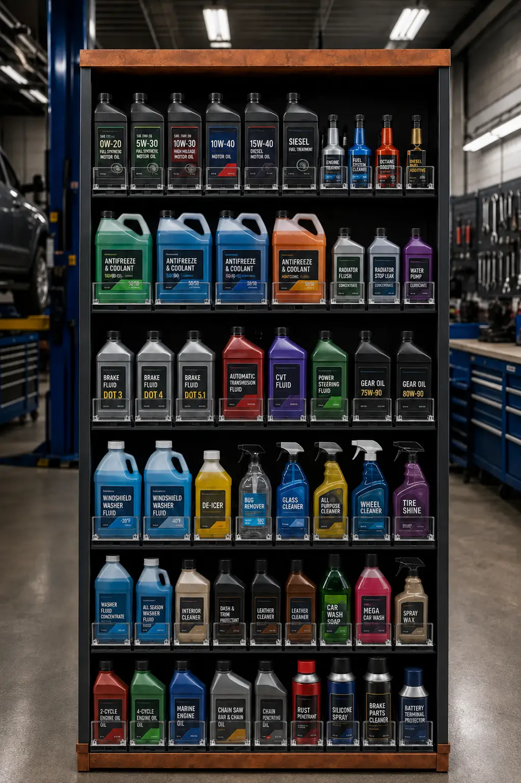 Motor oil bottles kept in tidy columns by dividers in an automotive parts store