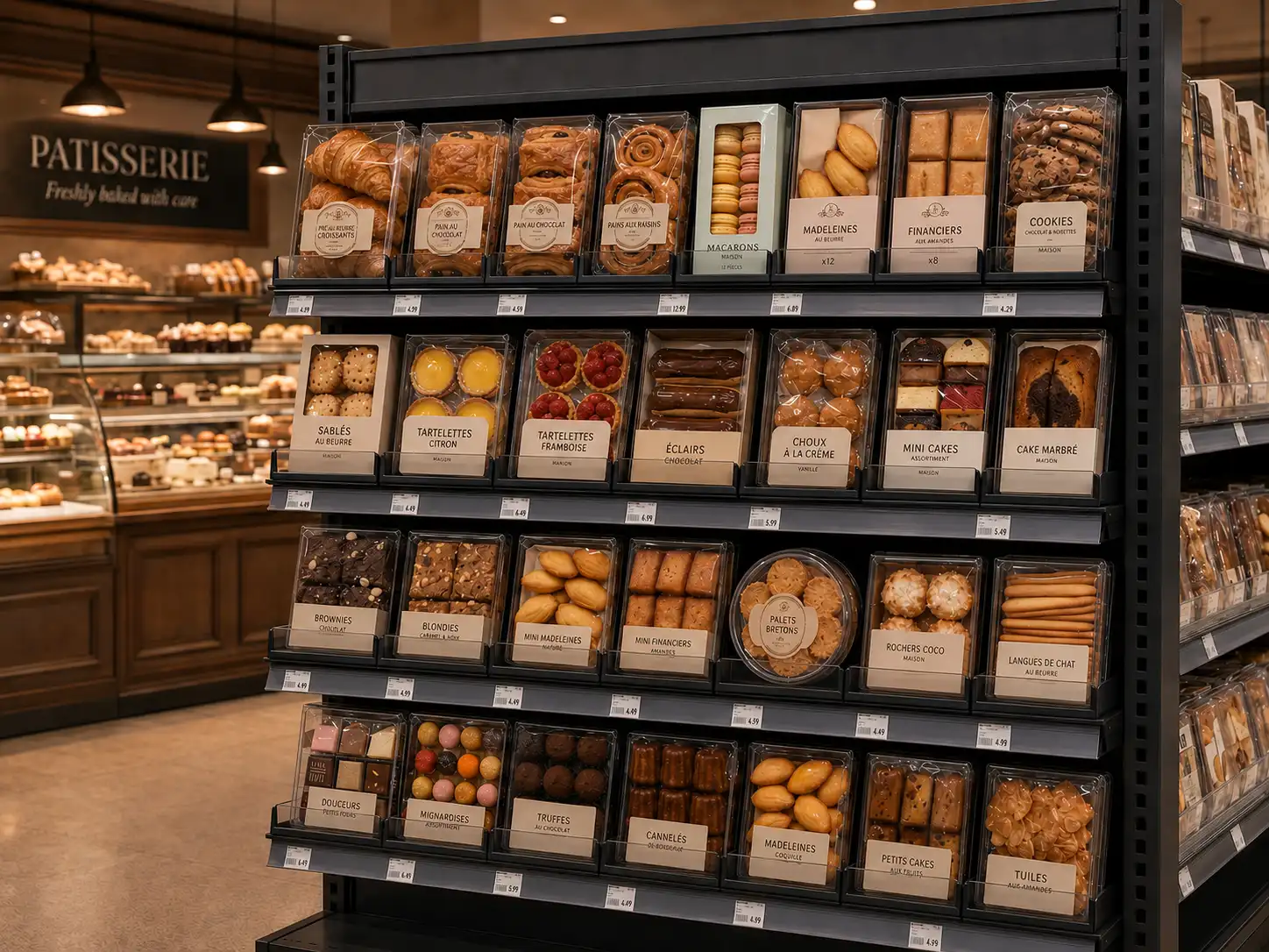 Tablettes noires de pâtisseries et collations emballées, vue en angle du rayon boulangerie du magasin